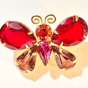 Butterfly Brooch Pink and Red Crystal Gold Plated Vintage Pin by Joan Rivers